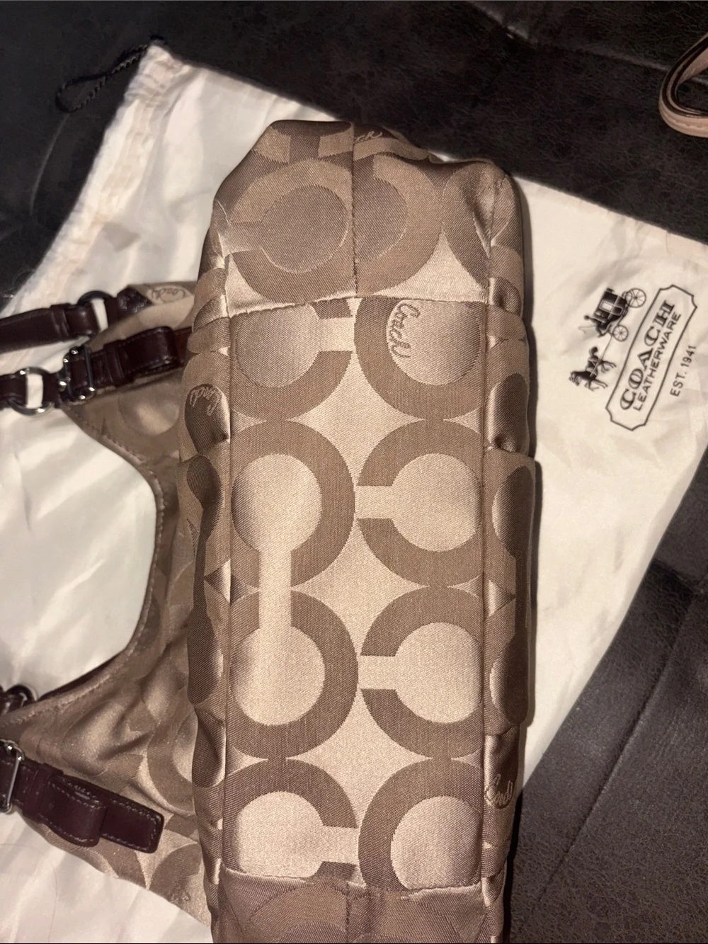 Coach Beige Signature Jacquard Shoulder Bag with Brown Trim